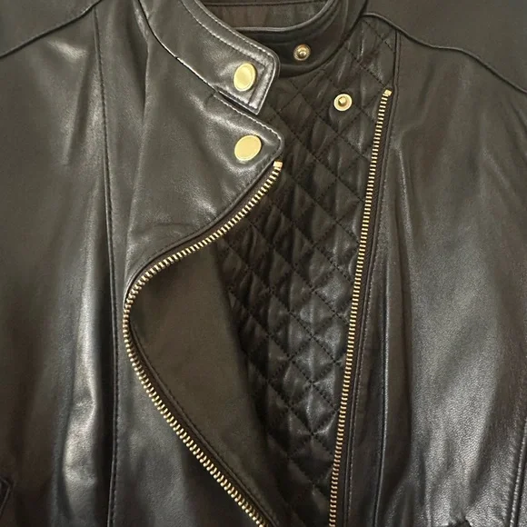 Cole Haan Black Quilted Leather Moto Jacket. Size large. - Picture 10 of 14